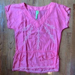 Vintage coral silk peasant blouse small